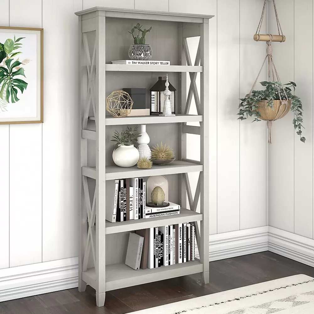 Bush Furniture Key West 66"H 5-Shelf Bookcase with Adjustable Shelves, Linen White Oak Laminated Wood (KWB132LW-03) Flash Sale