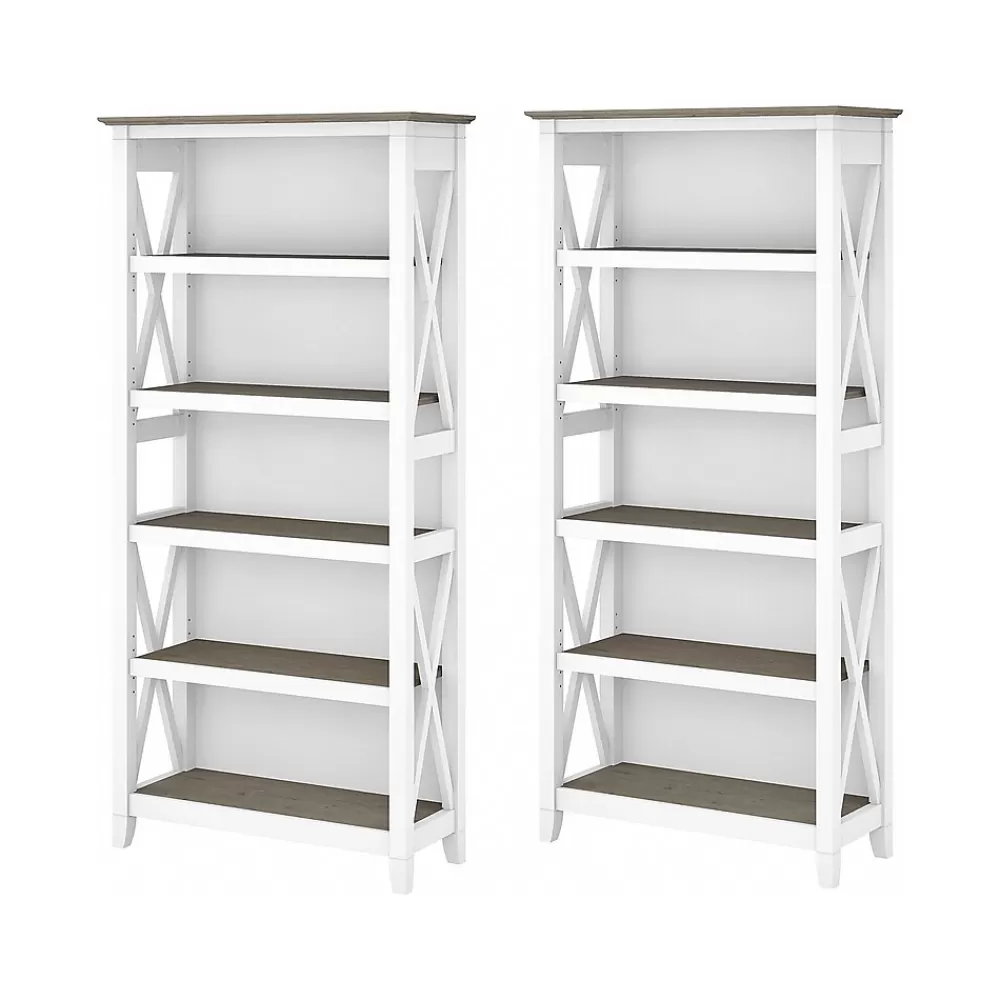 Bush Furniture Key West 66"H 5-Shelf Bookcase with Adjustable Shelves, Shiplap Gray/Pure White Laminated Wood, 2/Set (KWS046G2W) Fashion