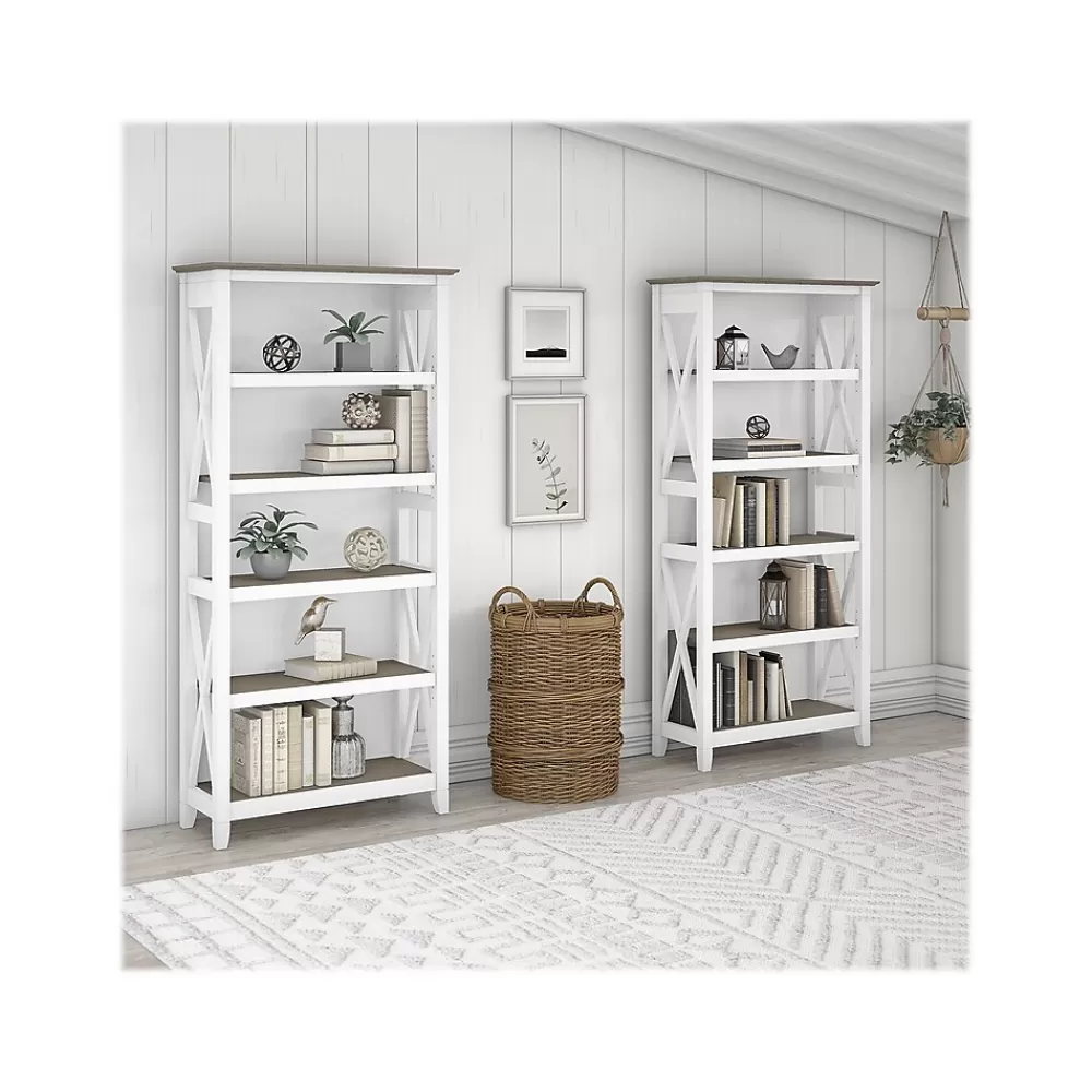 Bush Furniture Key West 66"H 5-Shelf Bookcase with Adjustable Shelves, Shiplap Gray/Pure White Laminated Wood, 2/Set (KWS046G2W) Fashion