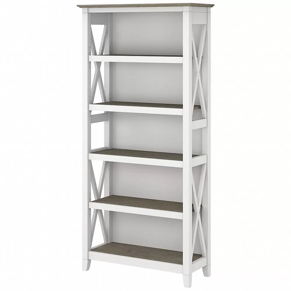 Bush Furniture Key West 5-Shelf 66"H Bookcase, Shiplap Gray/Pure White (KWB132G2W-03) Discount