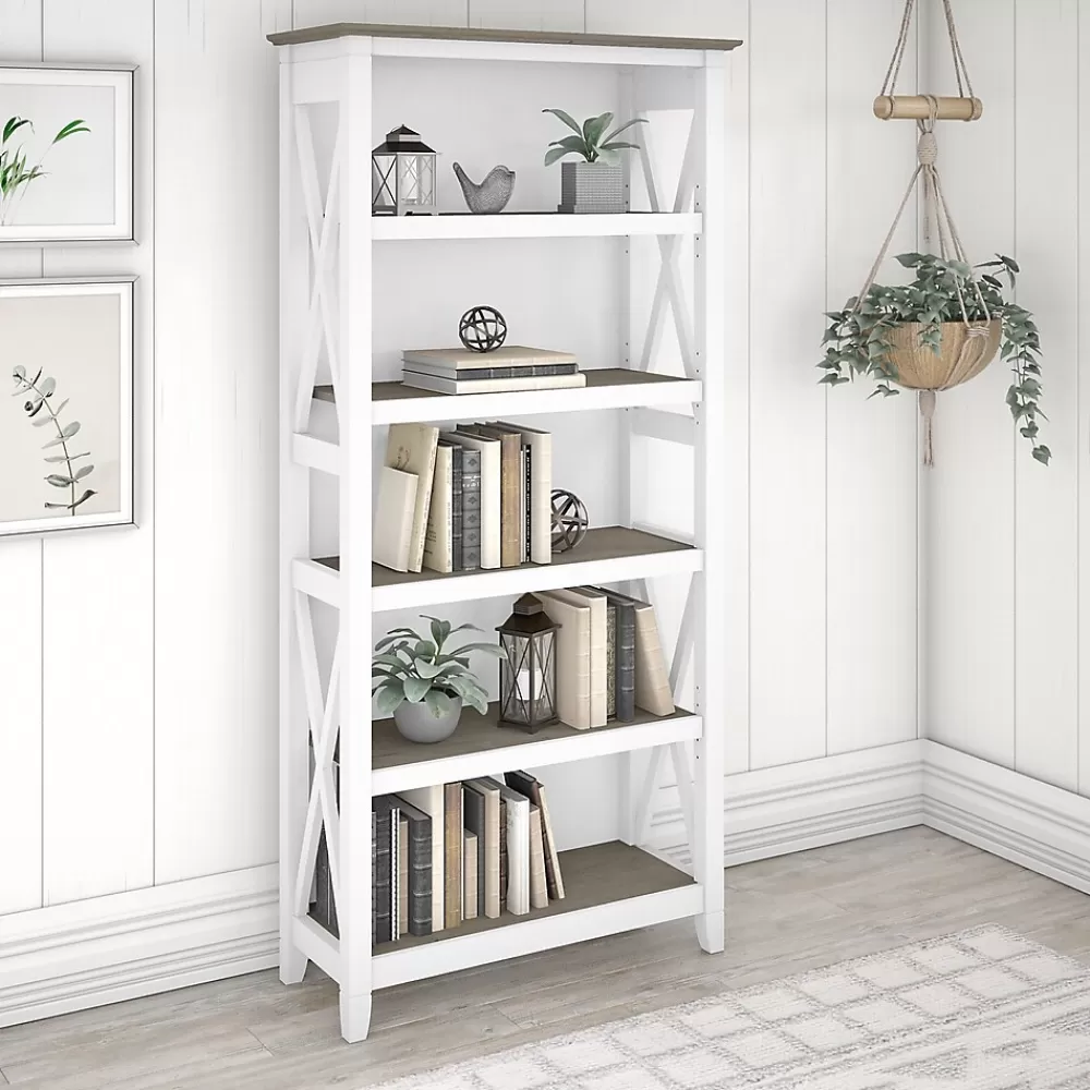 Bush Furniture Key West 5-Shelf 66"H Bookcase, Shiplap Gray/Pure White (KWB132G2W-03) Discount