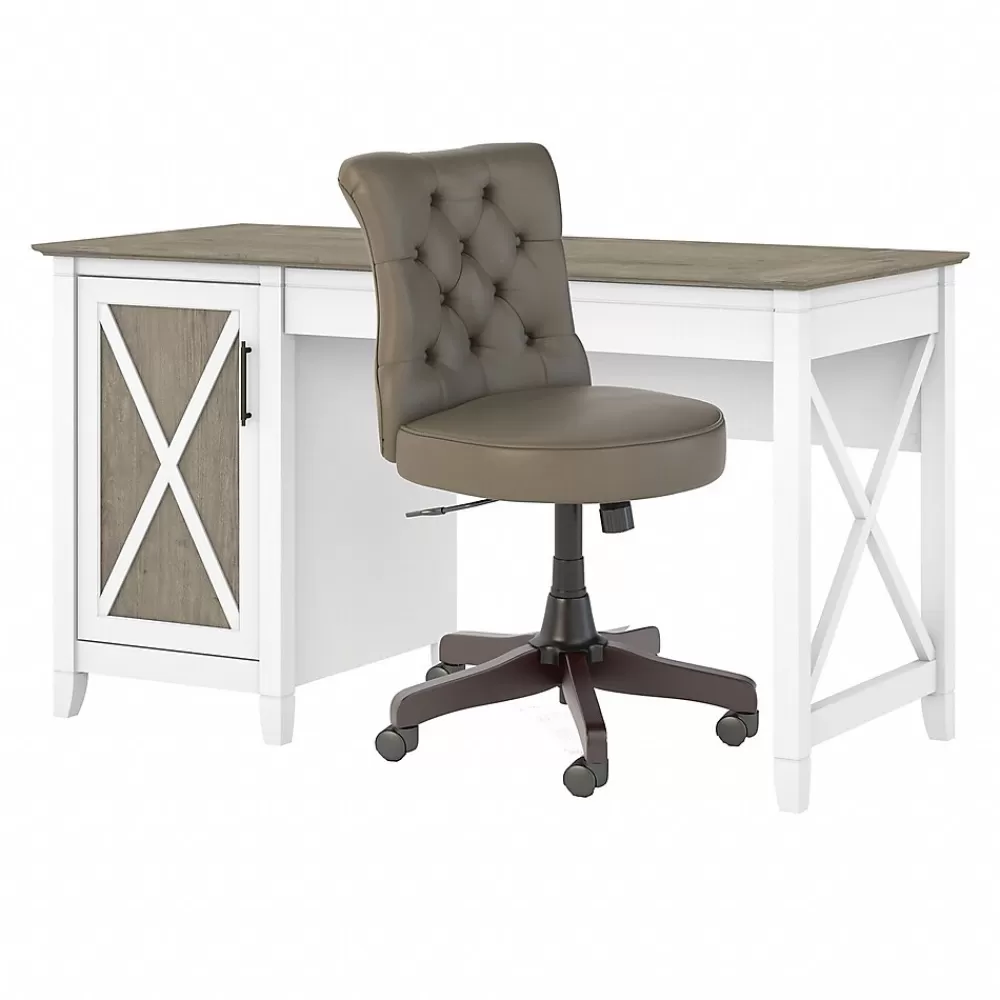 Bush Furniture Key West 54"W Computer Desk with Storage and Mid-Back Tufted Office Chair, Shiplap Gray/Pure White (KWS020G2W) Sale