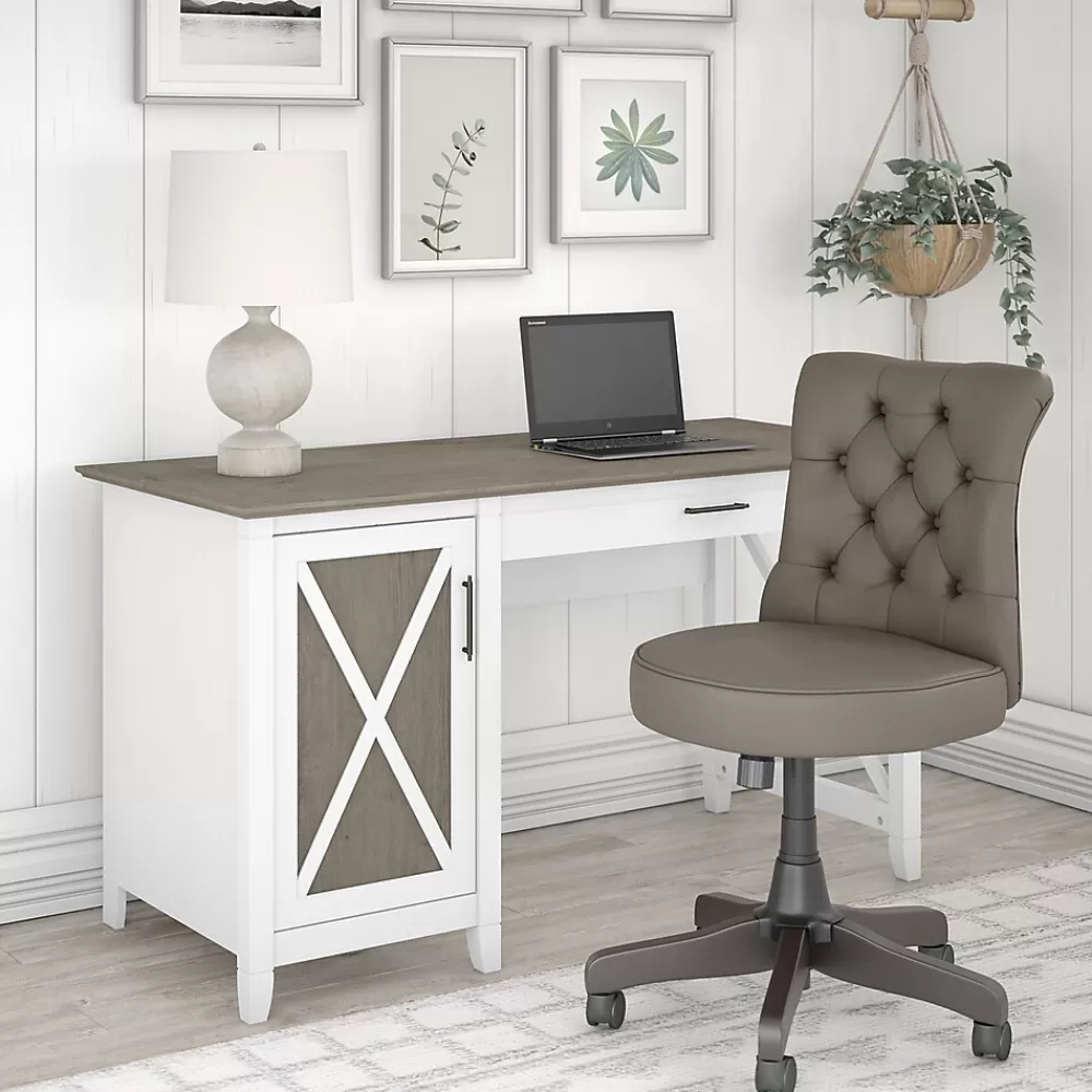 Bush Furniture Key West 54"W Computer Desk with Storage and Mid-Back Tufted Office Chair, Shiplap Gray/Pure White (KWS020G2W) Sale