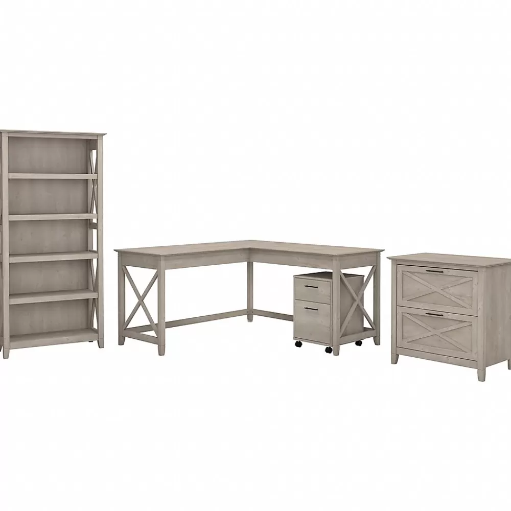 Bush Furniture Key West 60"W L Shaped Desk with File Cabinets and 5 Shelf Bookcase, Washed Gray (KWS017WG) Hot