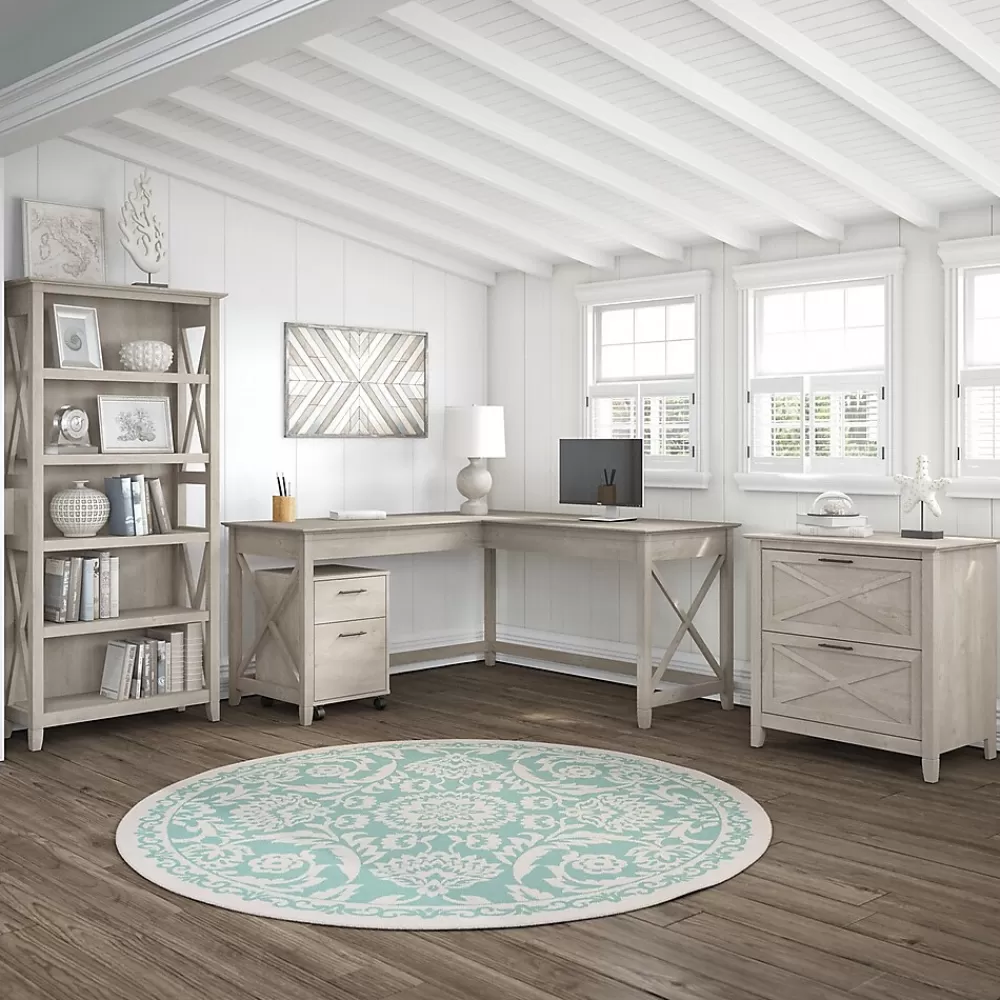 Bush Furniture Key West 60"W L Shaped Desk with File Cabinets and 5 Shelf Bookcase, Washed Gray (KWS017WG) Hot