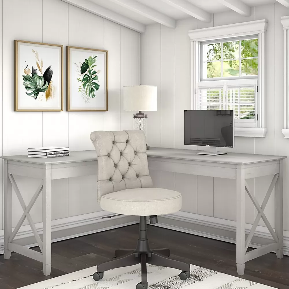 Bush Furniture Key West 60"W L Shaped Desk with Mid Back Tufted Office Chair, Linen White Oak (KWS045LW) Outlet