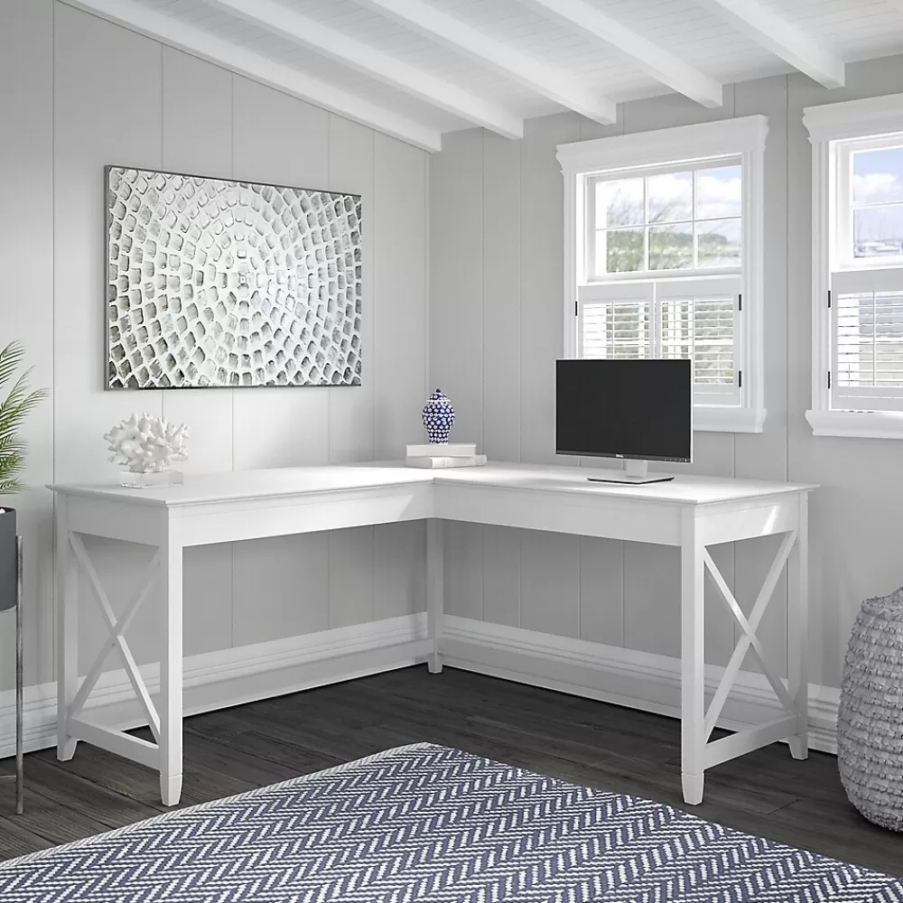 Bush Furniture Key West 60"W L-Shaped Desk, Pure White Oak (KWD160WT-03) Clearance