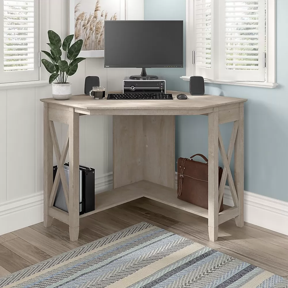 Bush Furniture Key West 34"W Small Corner Desk, Washed Gray (KWD134WG-03) New