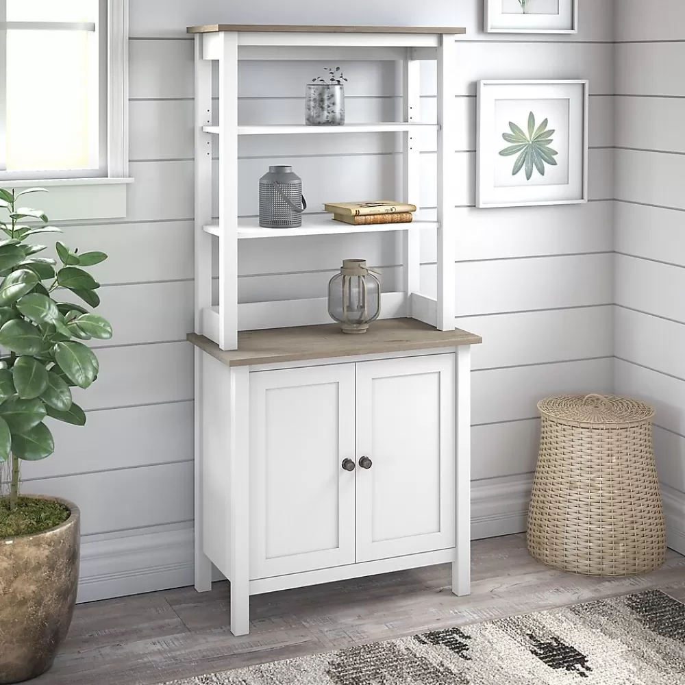 Bush Furniture Mayfield 5-Shelf 66"H Standard Bookcase with Doors, Pure White/Shiplap Gray (MAY019GW2) Outlet