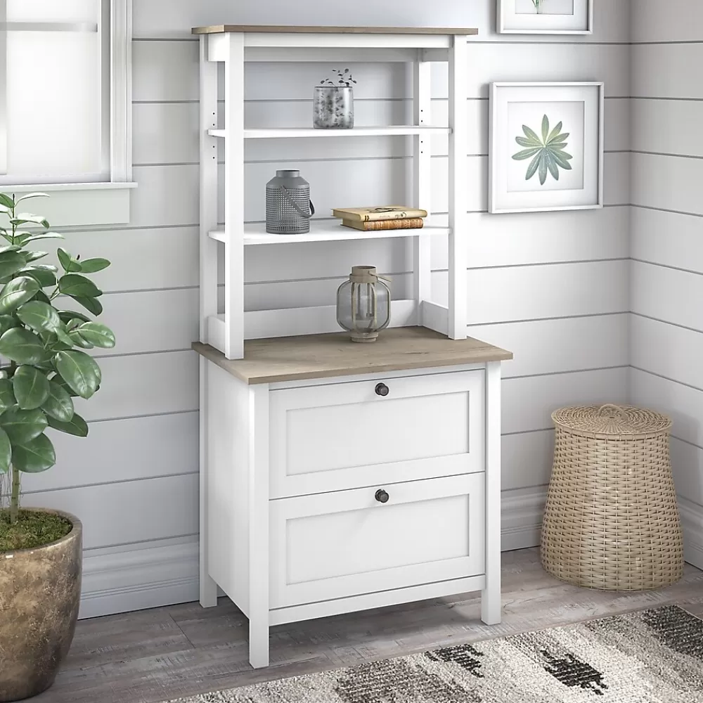 Bush Furniture Mayfield 2-Shelf 66"H Standard Bookcase with Drawers, Pure White/Shiplap Gray (MAY018GW2) Outlet