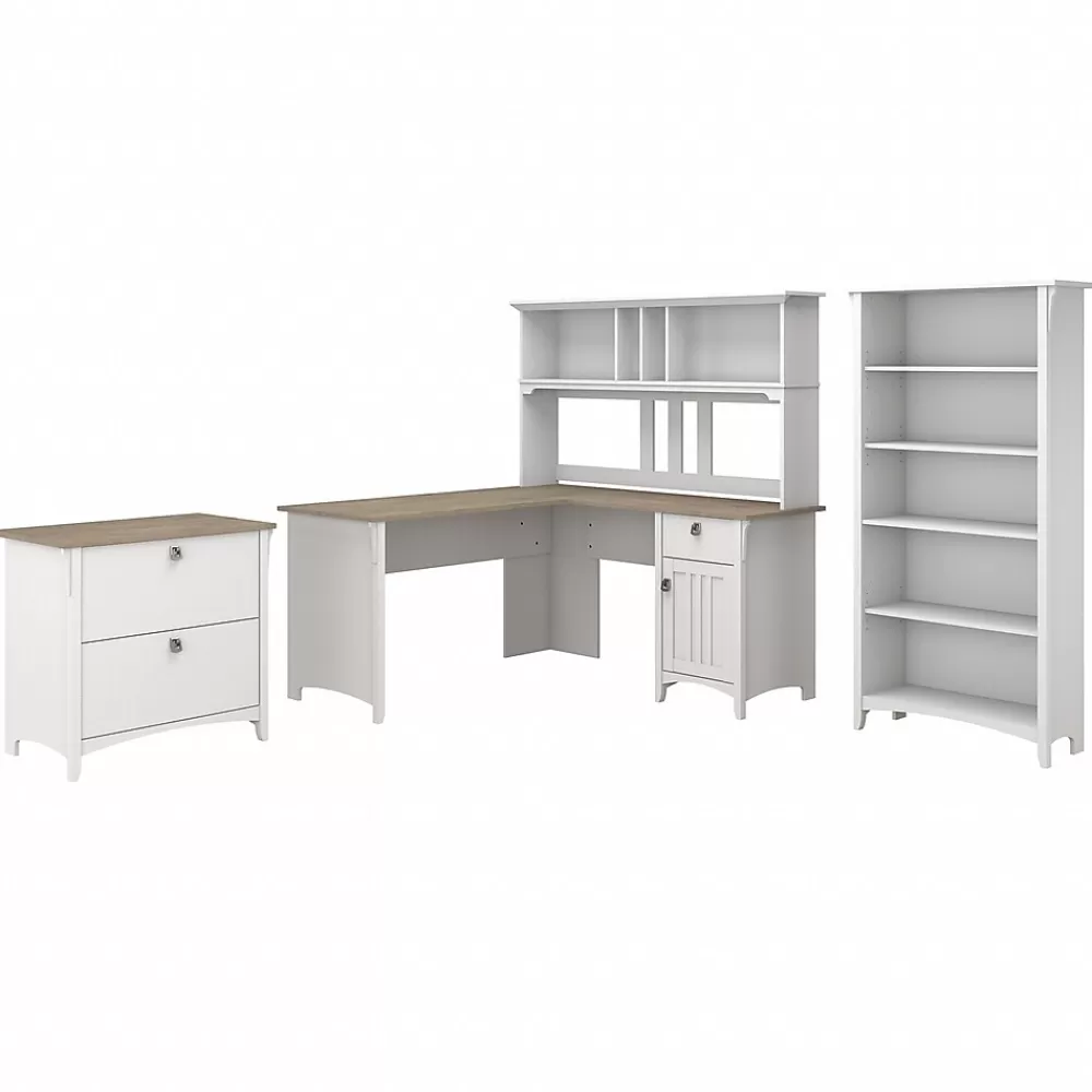 Bush Furniture Salinas 60" L-Shaped Desk with Hutch, File Cabinet and 5-Shelf Bookcase, (SAL007G2W) Shiplap Gray/Pure White Online