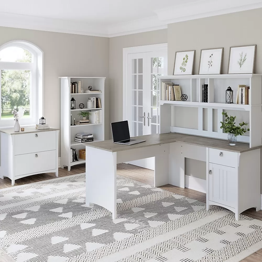 Bush Furniture Salinas 60" L-Shaped Desk with Hutch, File Cabinet and 5-Shelf Bookcase, (SAL007G2W) Shiplap Gray/Pure White Online