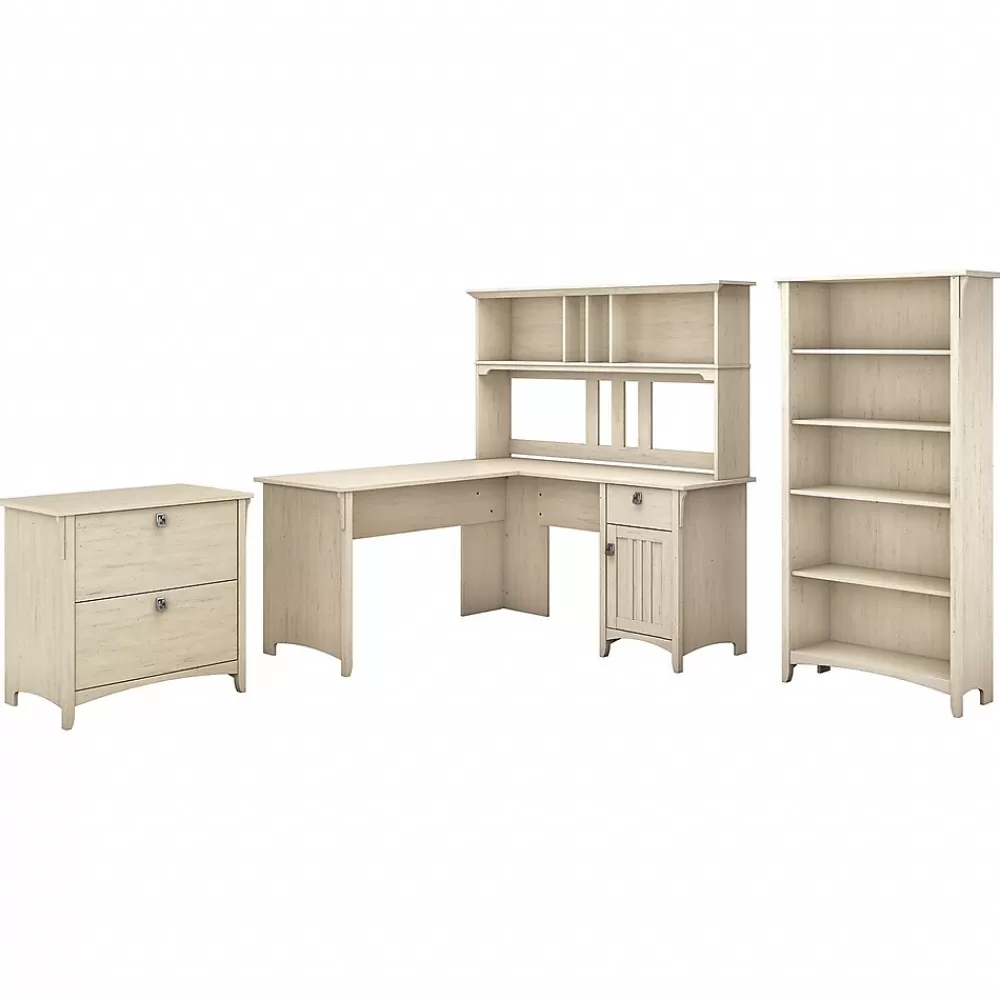 Bush Furniture Salinas 60"W L Shaped Desk with Hutch, Lateral File Cabinet and 5 Shelf Bookcase, (SAL007AW) Antique White Flash Sale