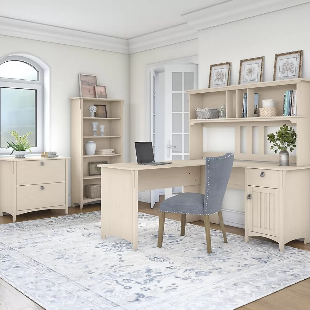 Bush Furniture Salinas 60"W L Shaped Desk with Hutch, Lateral File Cabinet and 5 Shelf Bookcase, (SAL007AW) Antique White Flash Sale