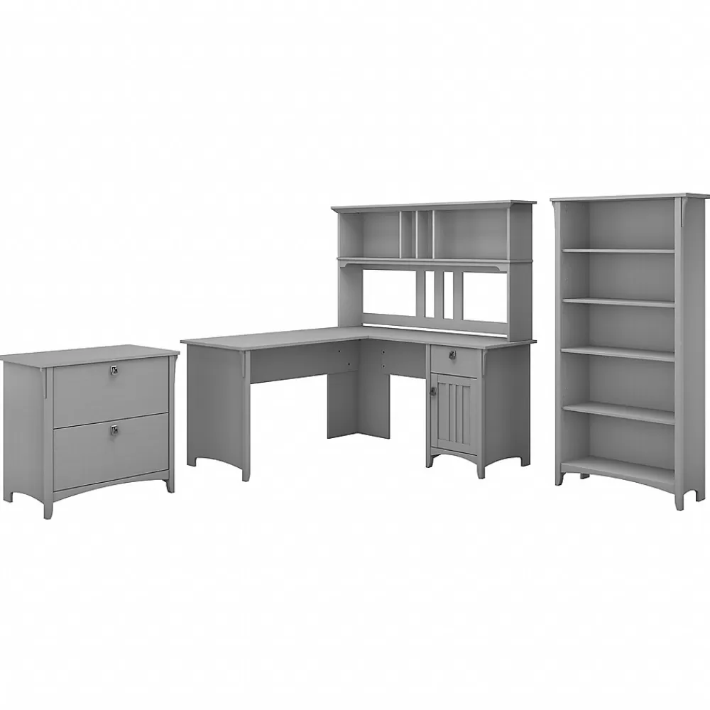 Bush Furniture Salinas 60"W L Shaped Desk with Hutch, Lateral File Cabinet and 5 Shelf Bookcase, (SAL007CG) Cape Cod Gray Cheap
