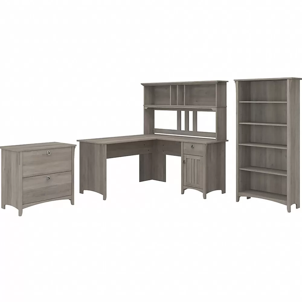 Bush Furniture Salinas 60"W L Shaped Desk with Hutch, Lateral File Cabinet and 5 Shelf Bookcase, (SAL007DG) Driftwood Gray Sale