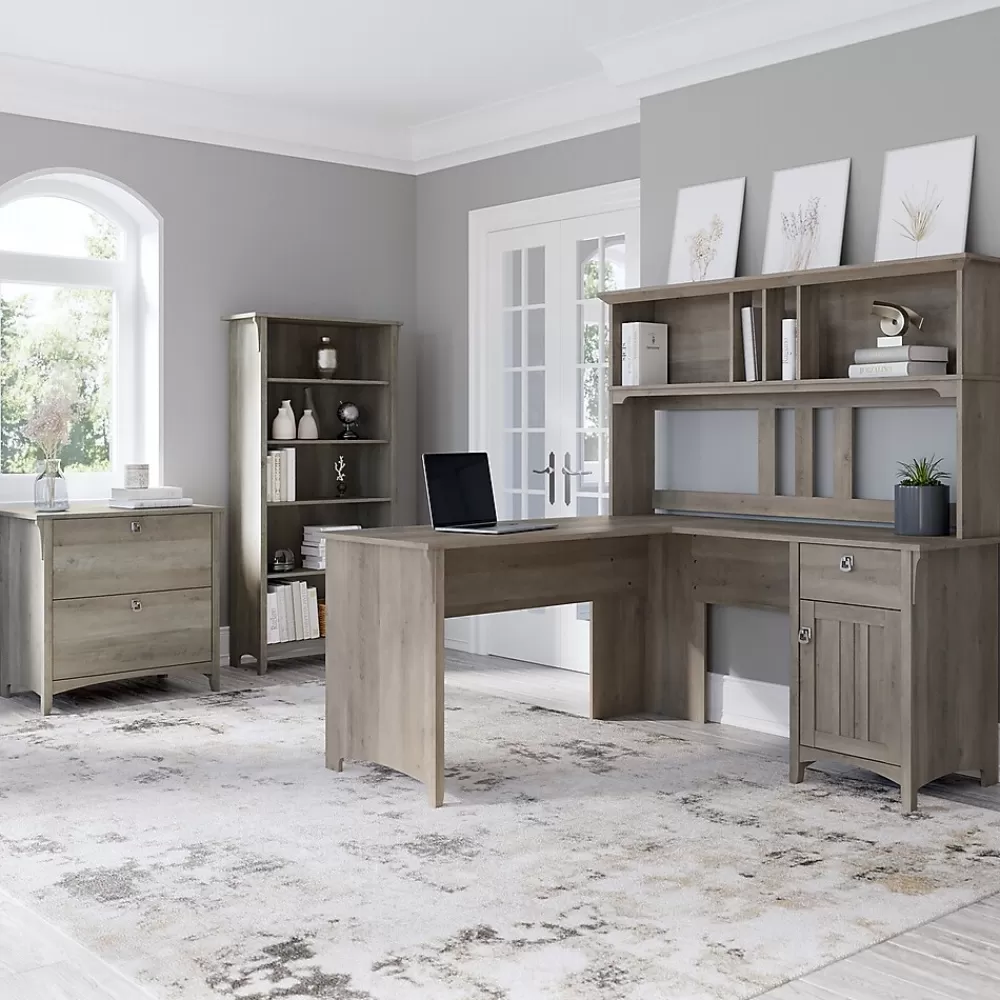 Bush Furniture Salinas 60"W L Shaped Desk with Hutch, Lateral File Cabinet and 5 Shelf Bookcase, (SAL007DG) Driftwood Gray Sale
