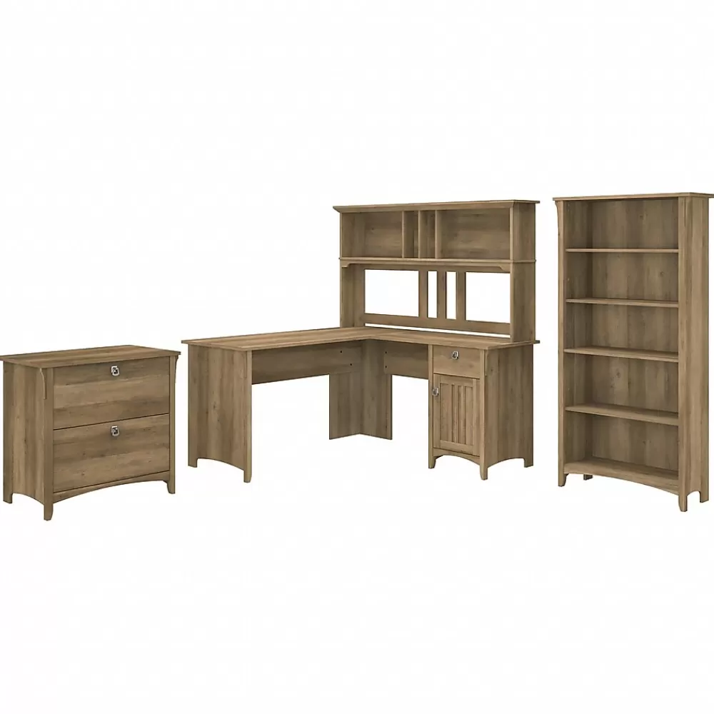 Bush Furniture Salinas 60"W L Shaped Desk with Hutch, Lateral File Cabinet and 5 Shelf Bookcase, (SAL007RCP) Reclaimed Pine Flash Sale