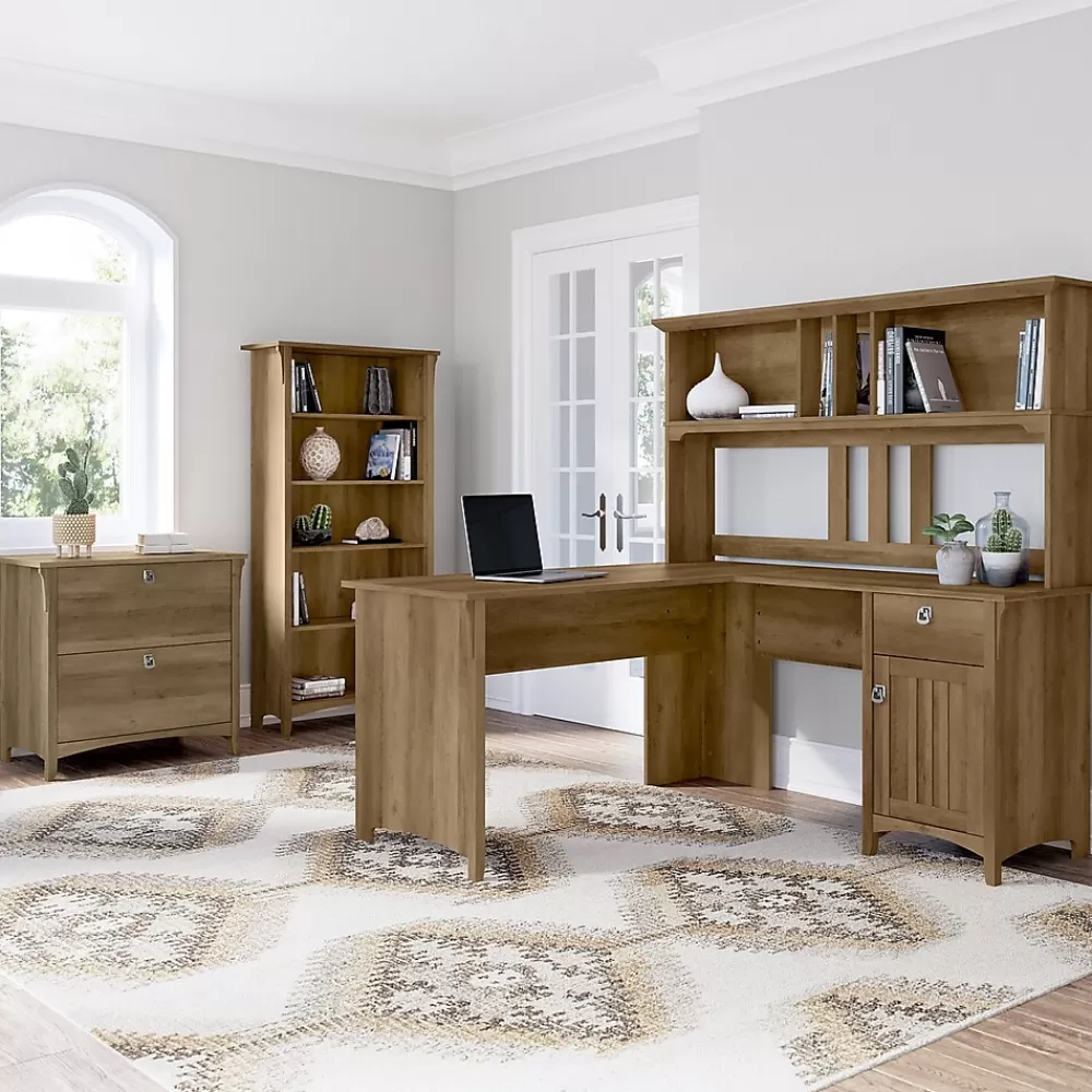 Bush Furniture Salinas 60"W L Shaped Desk with Hutch, Lateral File Cabinet and 5 Shelf Bookcase, (SAL007RCP) Reclaimed Pine Flash Sale