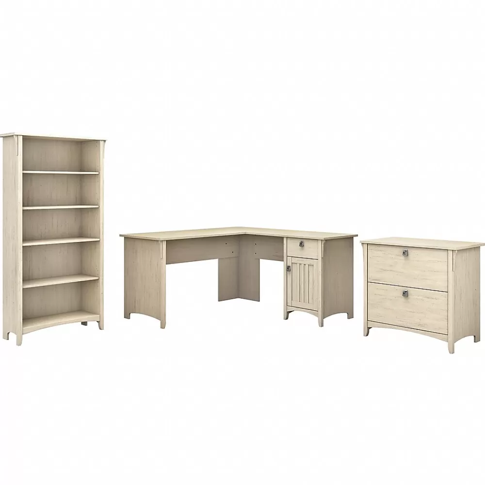 Bush Furniture Salinas 60"W L Shaped Desk with Lateral File Cabinet and 5 Shelf Bookcase, (SAL003AW) Antique White Discount