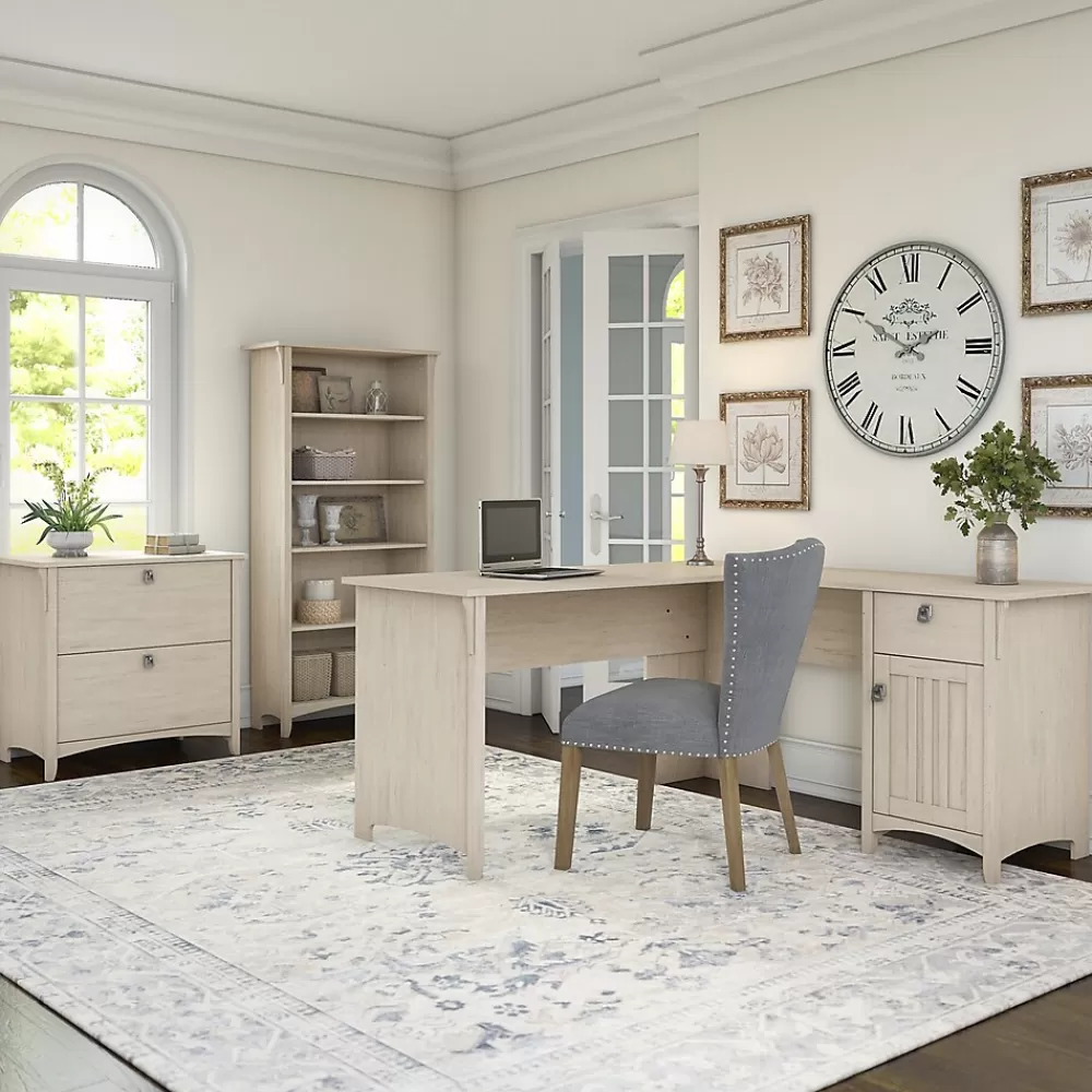 Bush Furniture Salinas 60"W L Shaped Desk with Lateral File Cabinet and 5 Shelf Bookcase, (SAL003AW) Antique White Discount