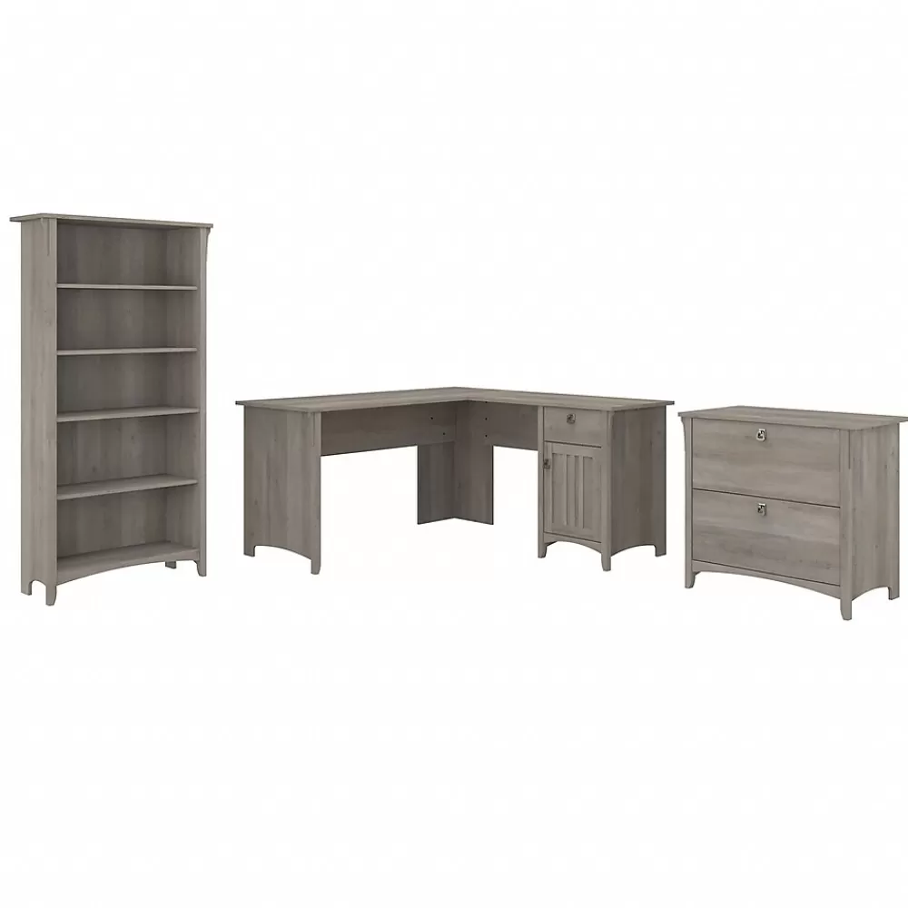 Bush Furniture Salinas 60"W L Shaped Desk with Lateral File Cabinet and 5 Shelf Bookcase, (SAL003DG) Driftwood Gray Outlet