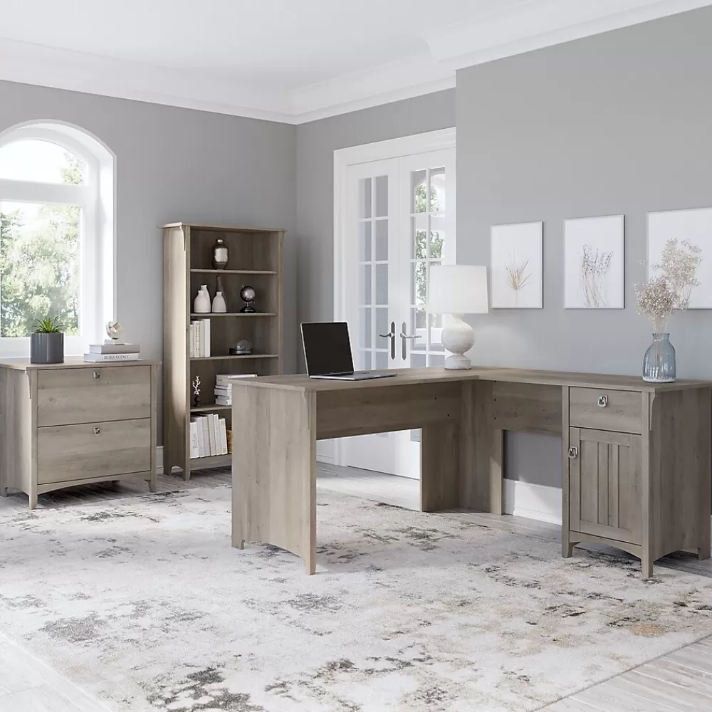 Bush Furniture Salinas 60"W L Shaped Desk with Lateral File Cabinet and 5 Shelf Bookcase, (SAL003DG) Driftwood Gray Outlet