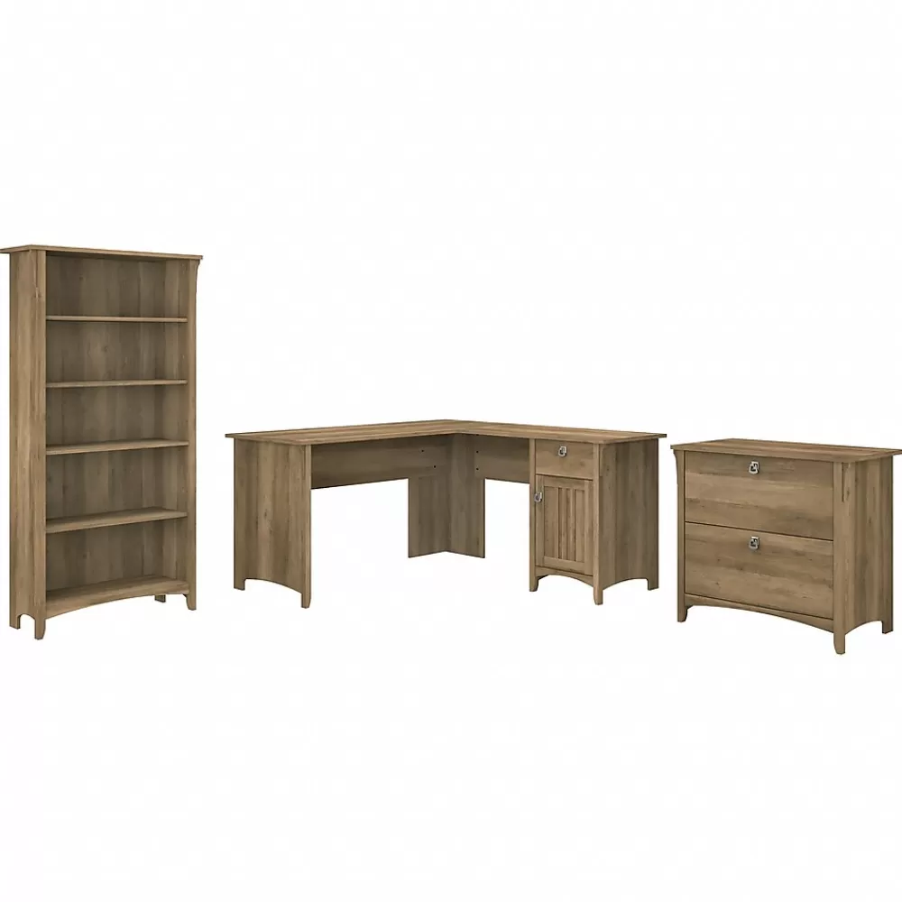 Bush Furniture Salinas 60"W L Shaped Desk with Lateral File Cabinet and 5 Shelf Bookcase, (SAL003RCP) Reclaimed Pine Fashion