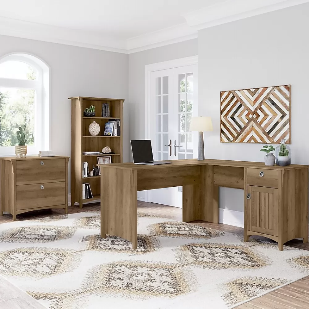 Bush Furniture Salinas 60"W L Shaped Desk with Lateral File Cabinet and 5 Shelf Bookcase, (SAL003RCP) Reclaimed Pine Fashion