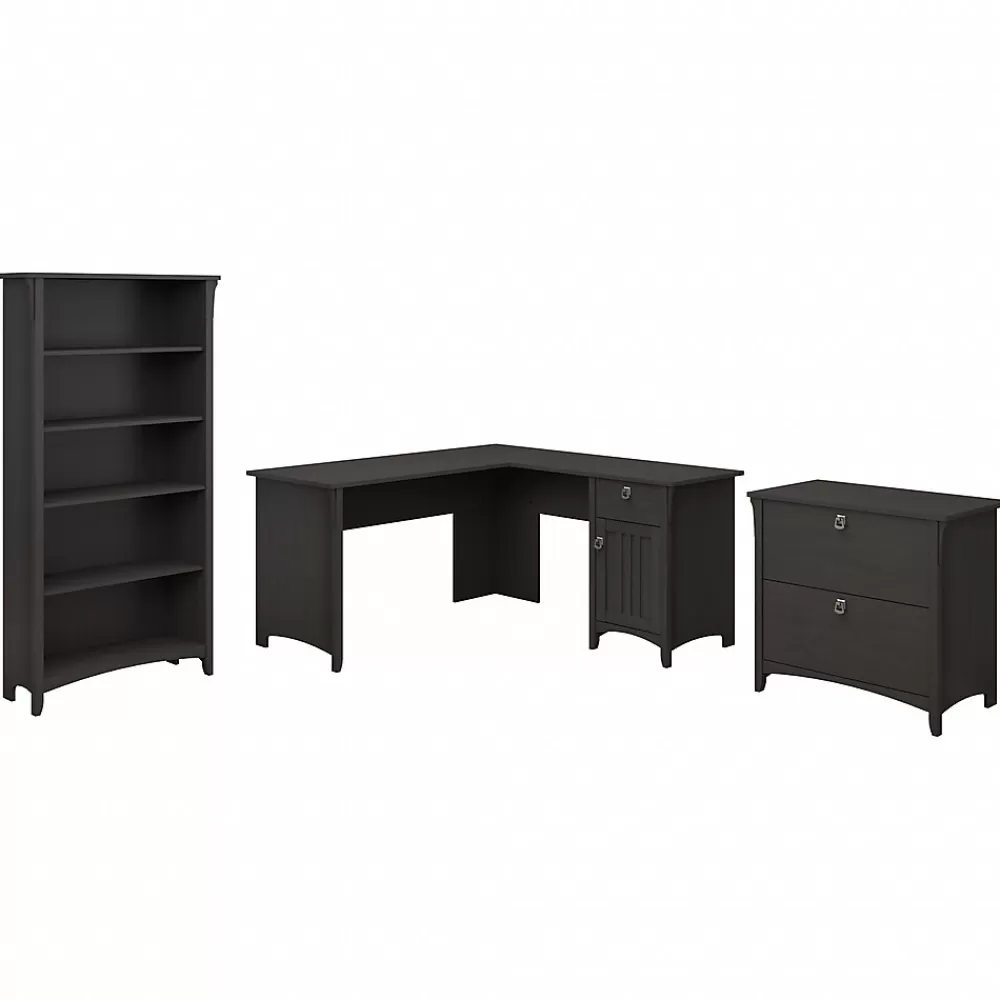 Bush Furniture Salinas 60"W L Shaped Desk with Lateral File Cabinet and 5 Shelf Bookcase, (SAL003VB) Vintage Black Best Sale
