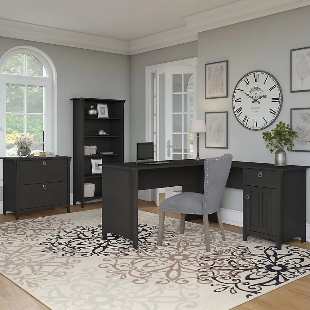Bush Furniture Salinas 60"W L Shaped Desk with Lateral File Cabinet and 5 Shelf Bookcase, (SAL003VB) Vintage Black Best Sale