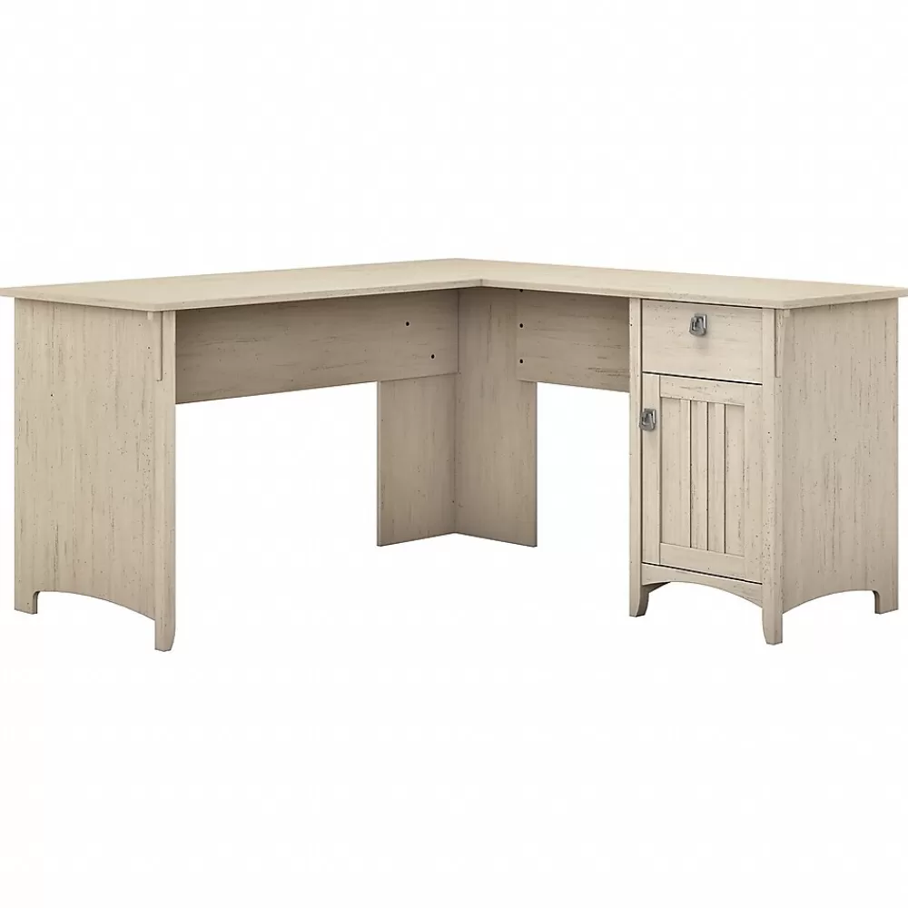 Bush Furniture Salinas 60"W L Shaped Desk with Storage, (SAD160AW-03) Antique White Sale