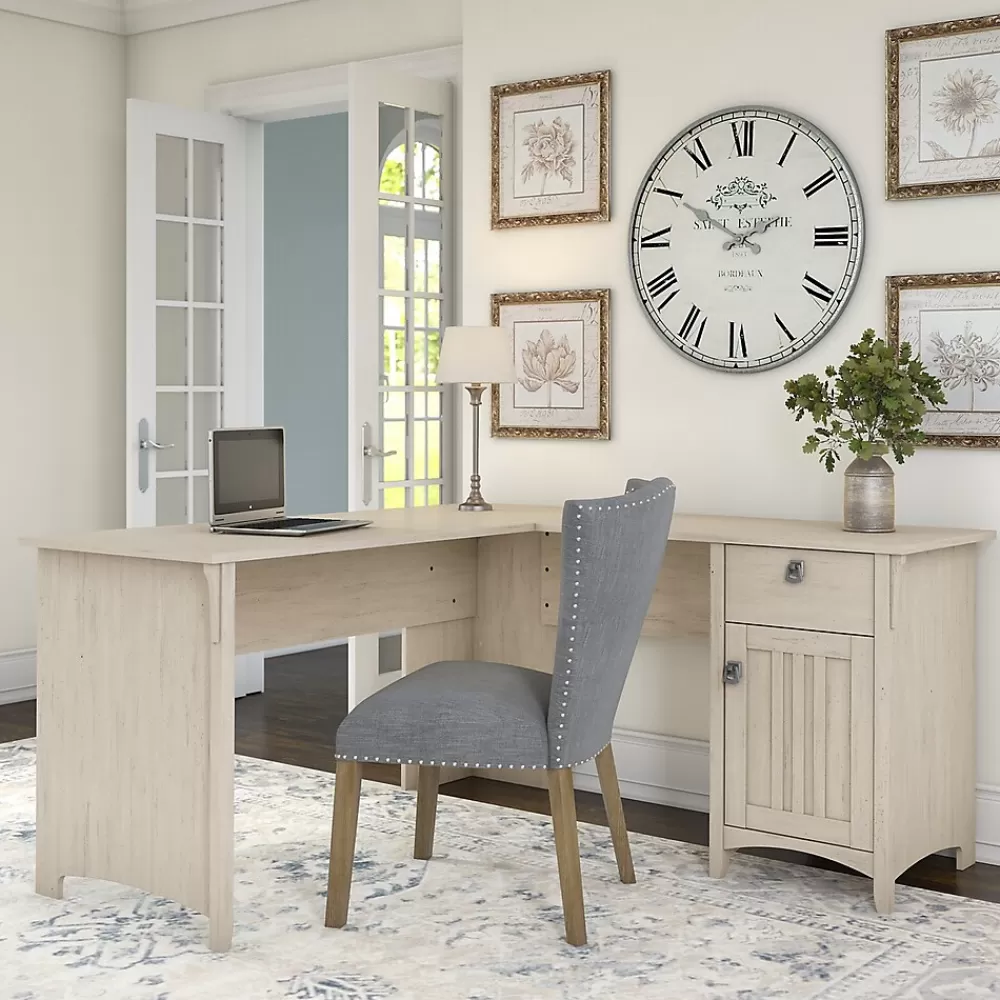 Bush Furniture Salinas 60"W L Shaped Desk with Storage, (SAD160AW-03) Antique White Sale