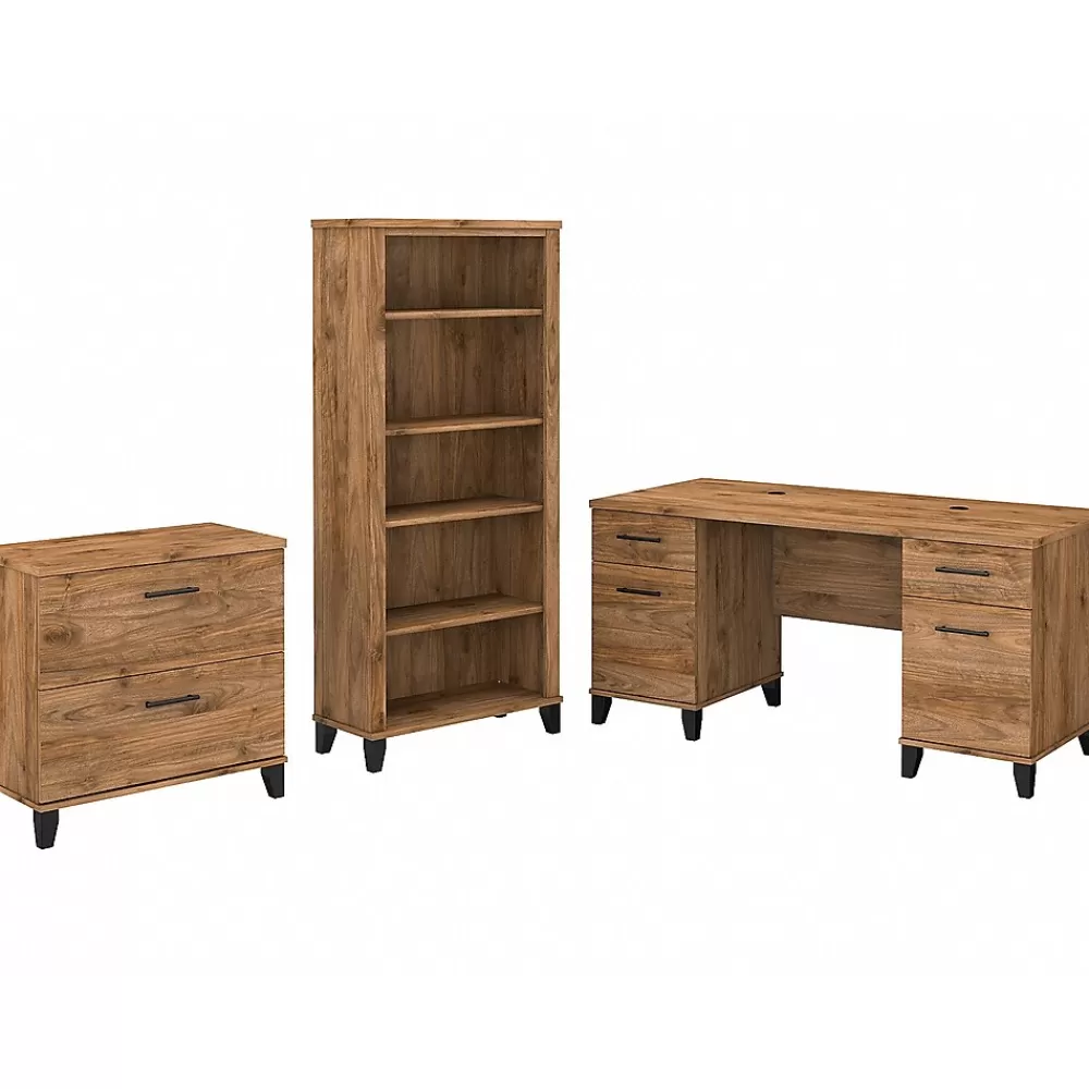 Bush Furniture Somerset 60" Computer Desk with Lateral File Cabinet and 5-Shelf Bookcase, (SET013FW) Fresh Walnut Store