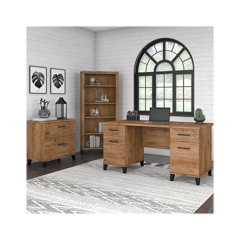 Bush Furniture Somerset 60" Computer Desk with Lateral File Cabinet and 5-Shelf Bookcase, (SET013FW) Fresh Walnut Store