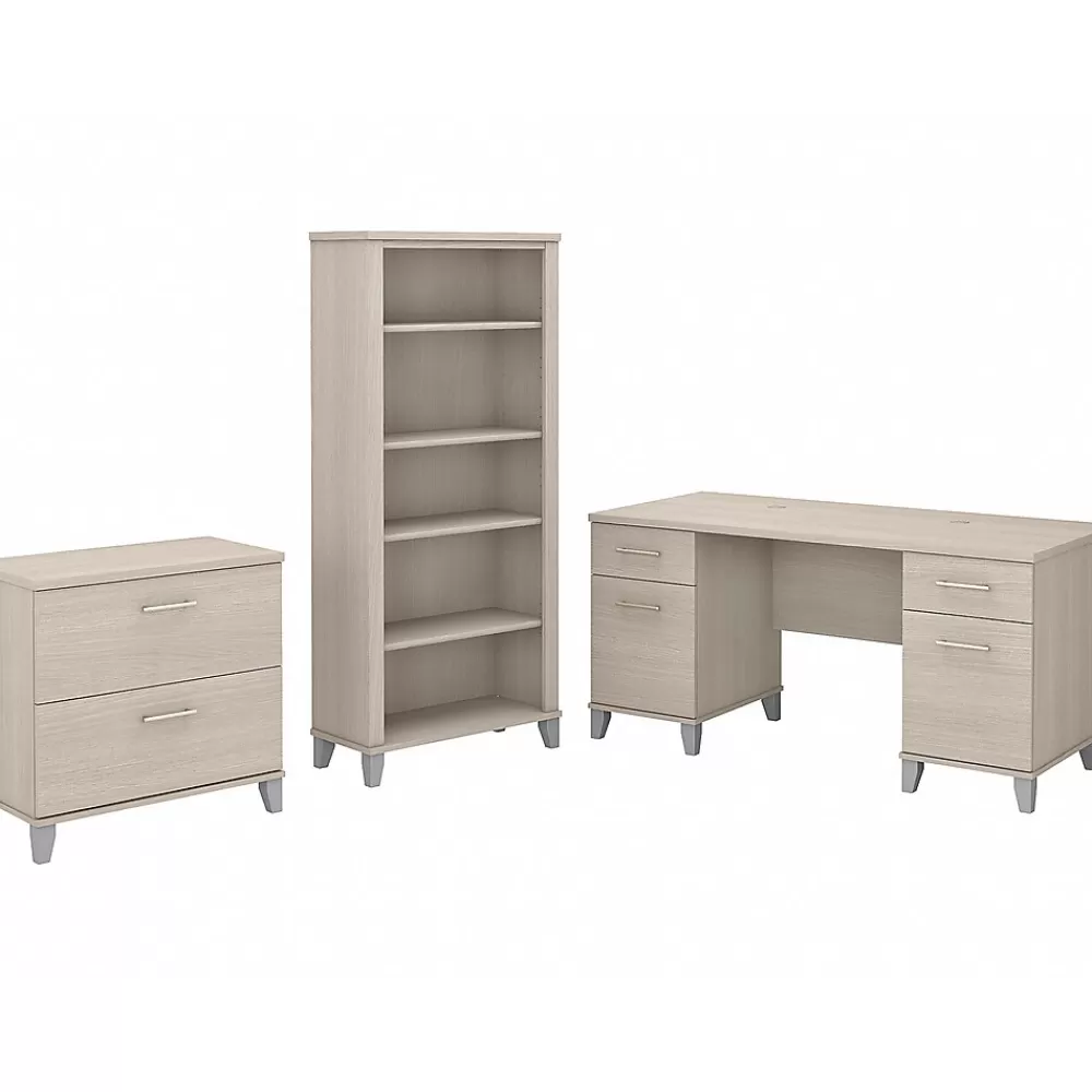 Bush Furniture Somerset 60" Computer Desk with Lateral File Cabinet and 5-Shelf Bookcase, (SET013SO) Sand Oak Cheap