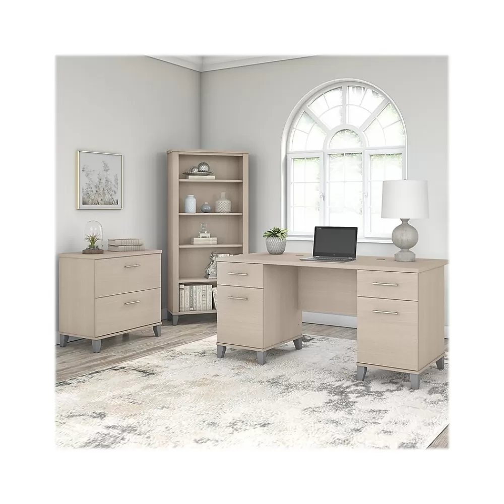 Bush Furniture Somerset 60" Computer Desk with Lateral File Cabinet and 5-Shelf Bookcase, (SET013SO) Sand Oak Cheap