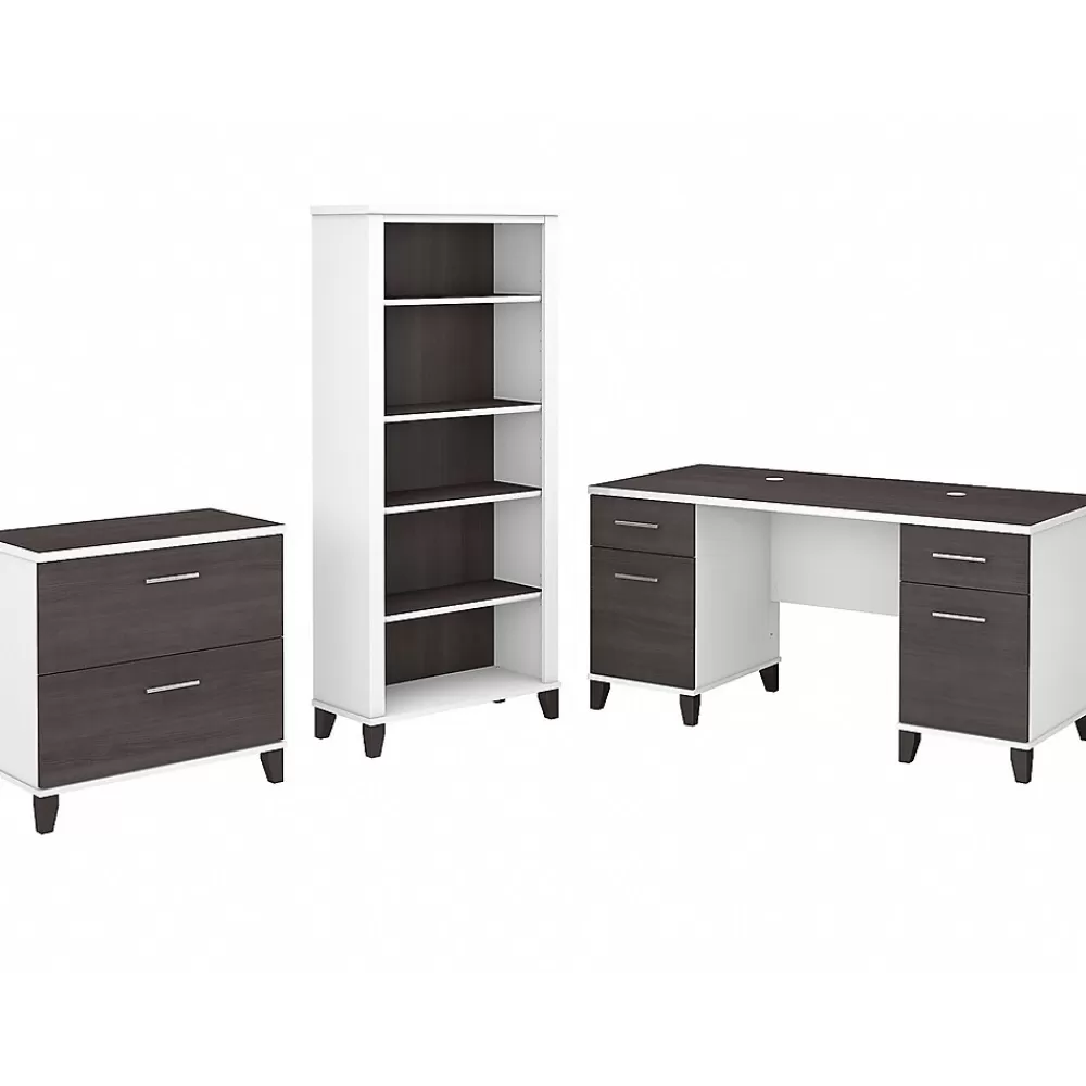 Bush Furniture Somerset 60" Computer Desk with Lateral File Cabinet and 5-Shelf Bookcase, (SET013SGWH) Storm Gray/White Sale