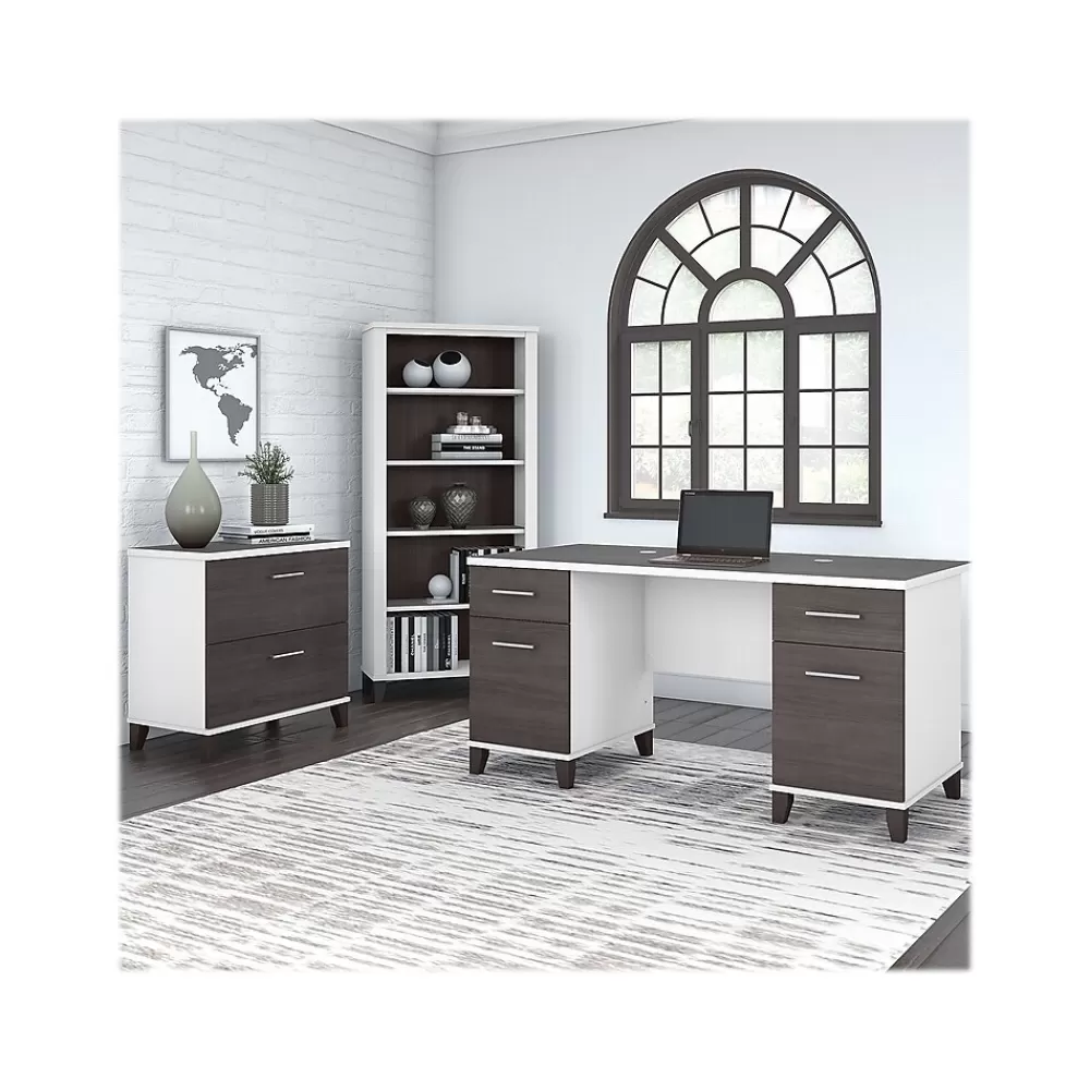 Bush Furniture Somerset 60" Computer Desk with Lateral File Cabinet and 5-Shelf Bookcase, (SET013SGWH) Storm Gray/White Sale