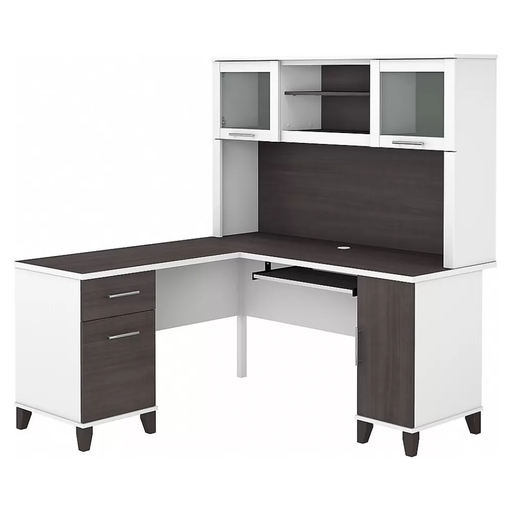 Bush Furniture Somerset 60" L-Shaped Desk with Hutch, (SET002SGWH) Storm Gray/White Clearance