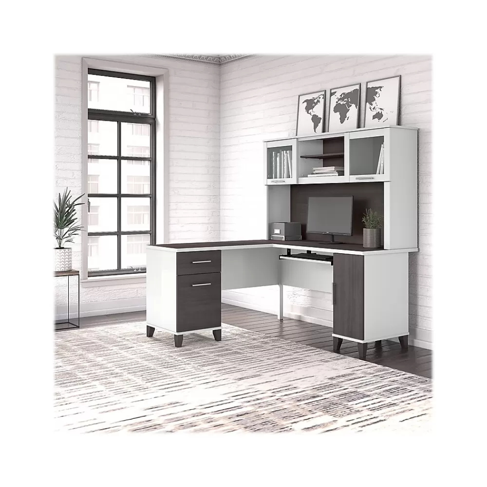 Bush Furniture Somerset 60" L-Shaped Desk with Hutch, (SET002SGWH) Storm Gray/White Clearance