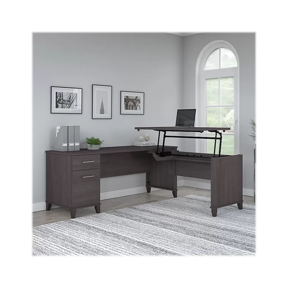 Bush Furniture Somerset 72"W 3 Position Sit to Stand L Shaped Desk, (SET014SG) Storm Gray New