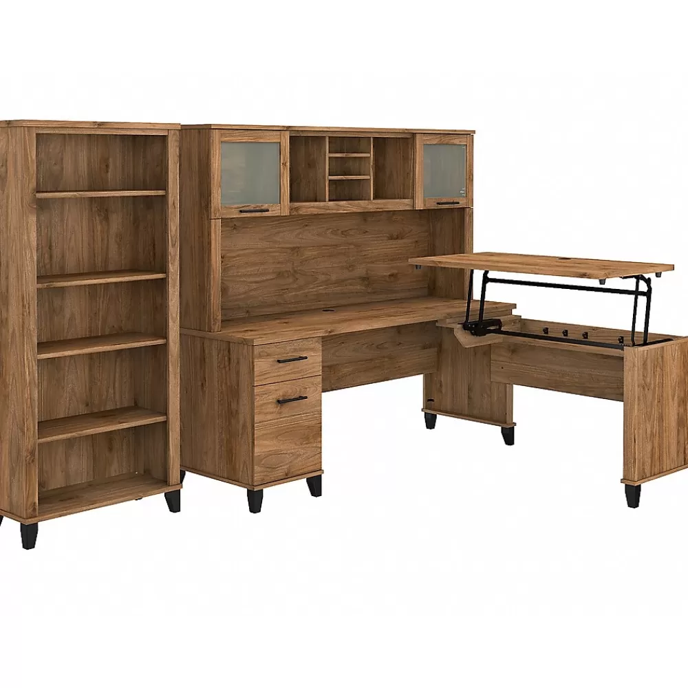 Bush Furniture Somerset 72"W 3 Position Sit to Stand L Shaped Desk with Hutch and Bookcase, (SET017FW) Fresh Walnut Shop
