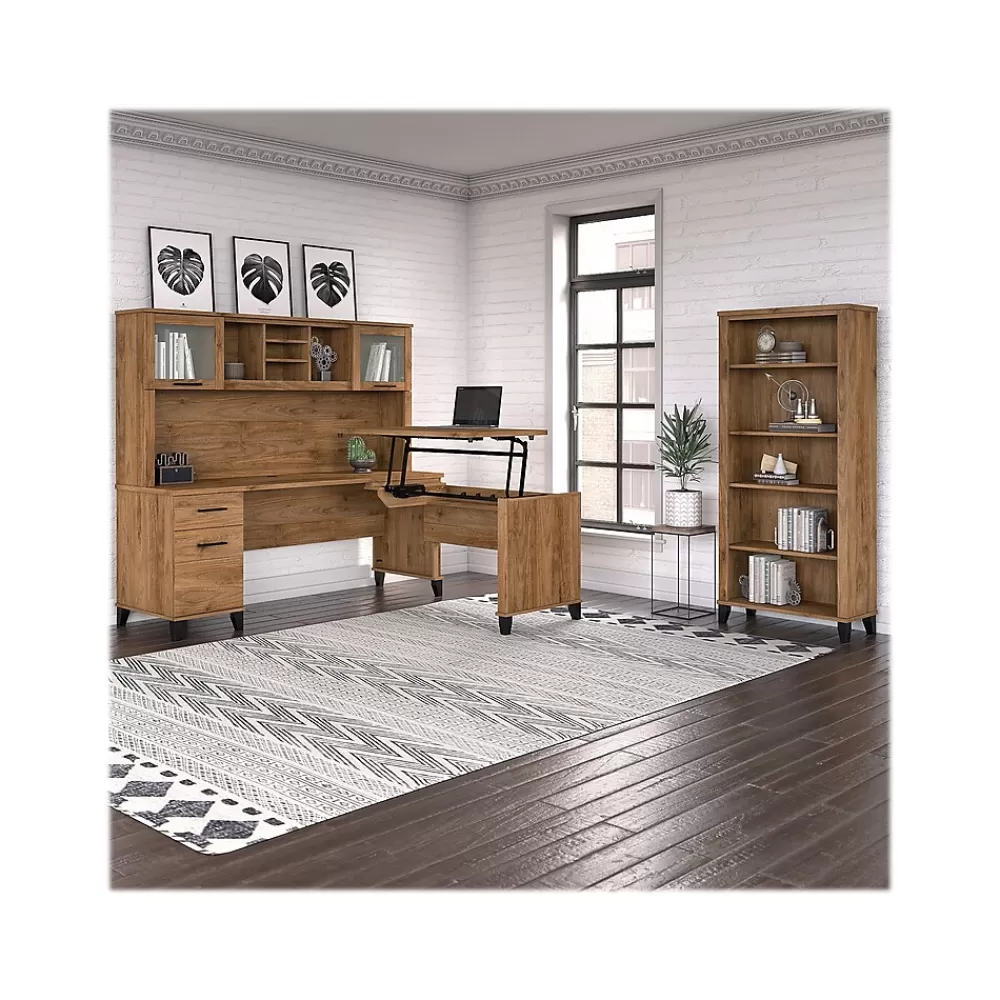 Bush Furniture Somerset 72"W 3 Position Sit to Stand L Shaped Desk with Hutch and Bookcase, (SET017FW) Fresh Walnut Shop
