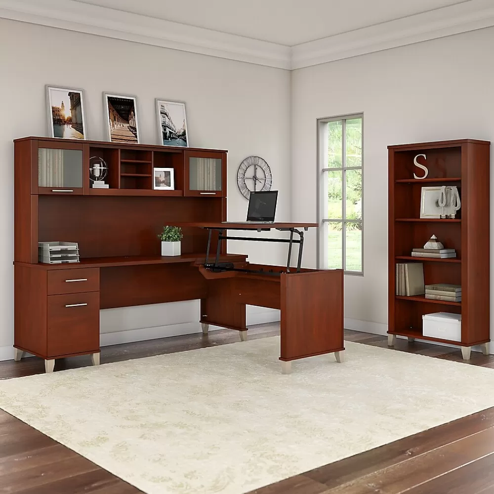 Bush Furniture Somerset 72"W 3 Position Sit to Stand L Shaped Desk with Hutch and Bookcase, (SET017HC) Hansen Cherry Discount