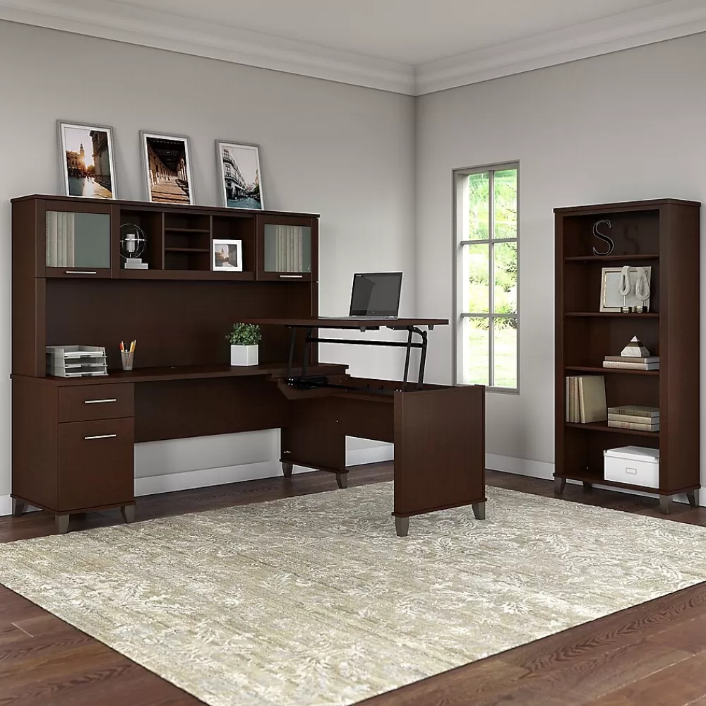 Bush Furniture Somerset 72"W 3 Position Sit to Stand L Shaped Desk with Hutch and Bookcase, (SET017MR) Mocha Cherry Online