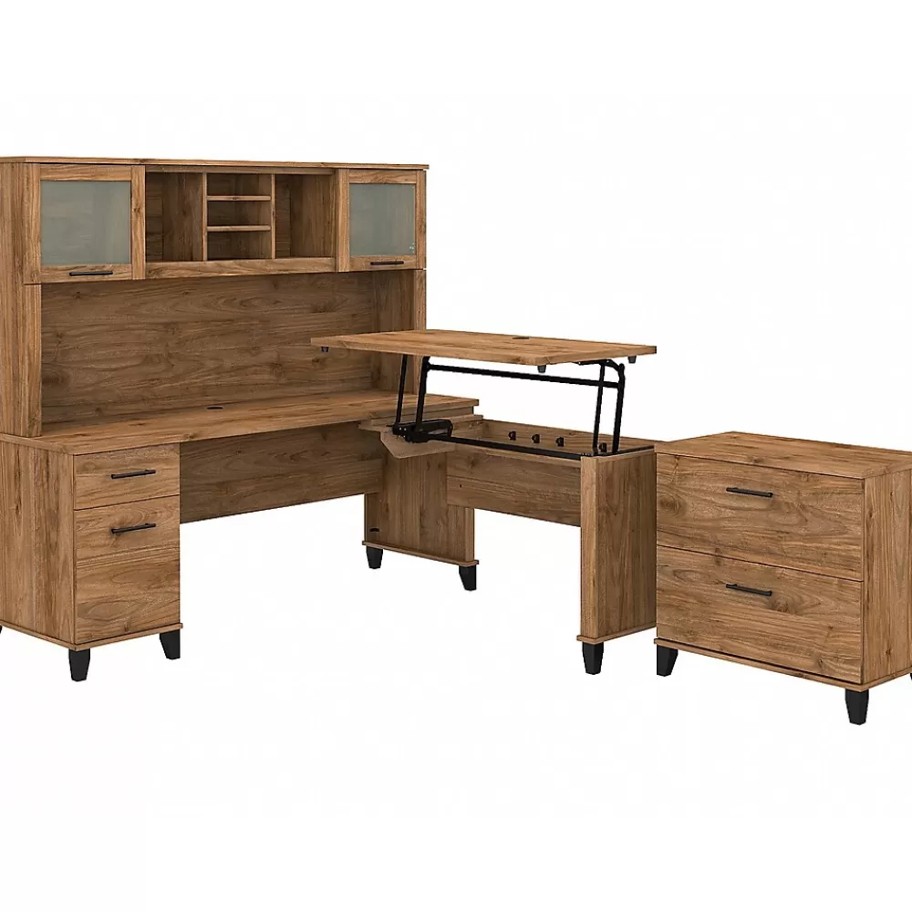 Bush Furniture Somerset 72"W 3 Position Sit to Stand L Shaped Desk with Hutch and File Cabinet, (SET016FW) Fresh Walnut Discount