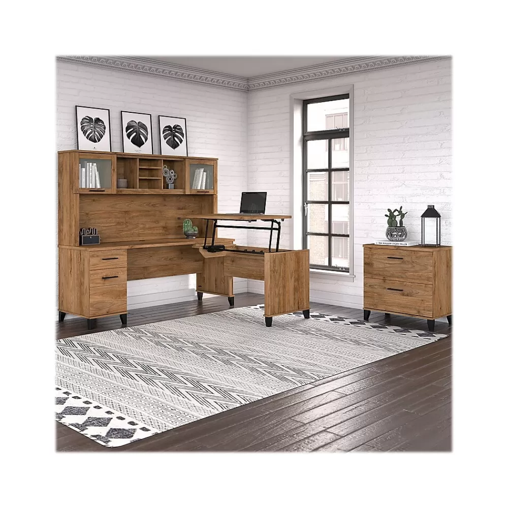 Bush Furniture Somerset 72"W 3 Position Sit to Stand L Shaped Desk with Hutch and File Cabinet, (SET016FW) Fresh Walnut Discount
