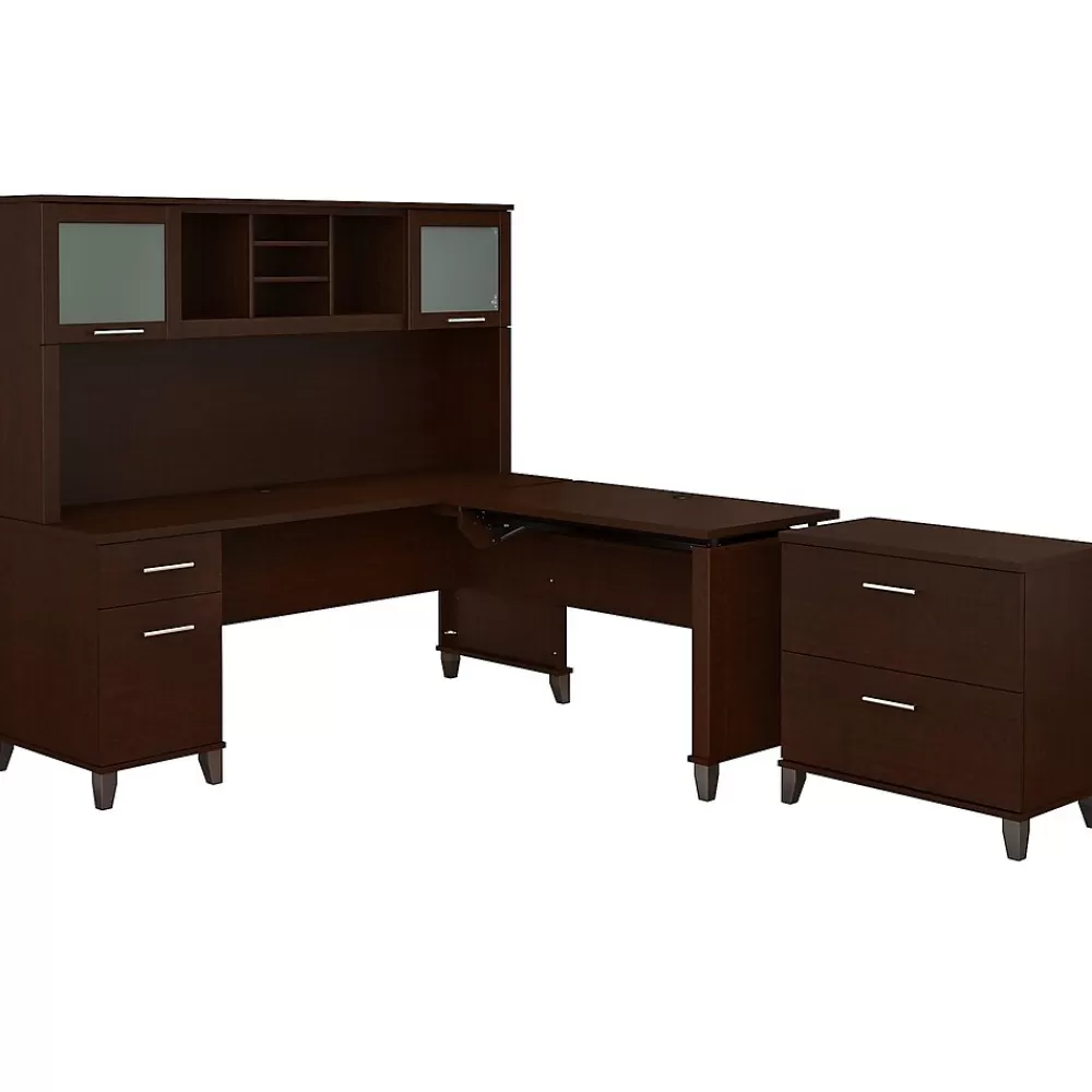 Bush Furniture Somerset 72"W 3 Position Sit to Stand L Shaped Desk with Hutch and File Cabinet, (SET016MR) Mocha Cherry Flash Sale