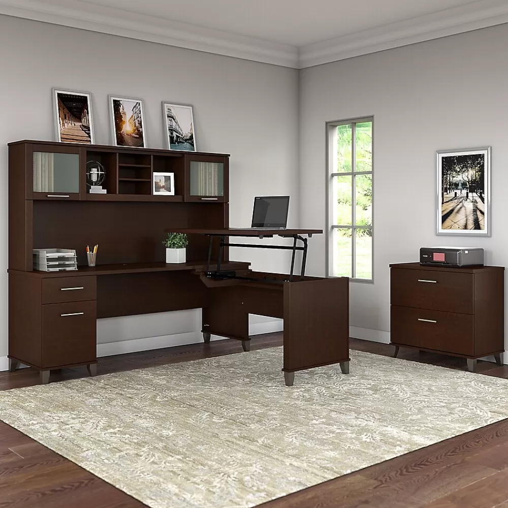 Bush Furniture Somerset 72"W 3 Position Sit to Stand L Shaped Desk with Hutch and File Cabinet, (SET016MR) Mocha Cherry Flash Sale